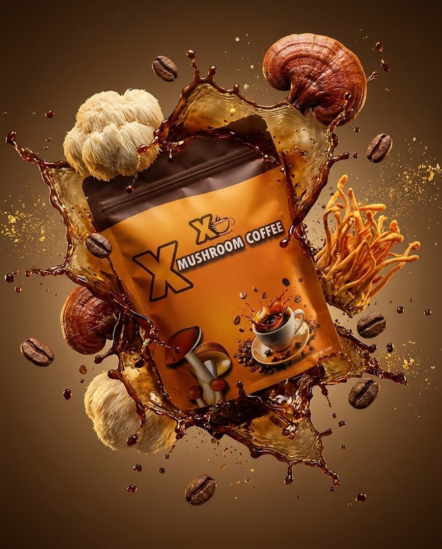 X Mushroom Coffee pouch with functional mushrooms and a coffee splash