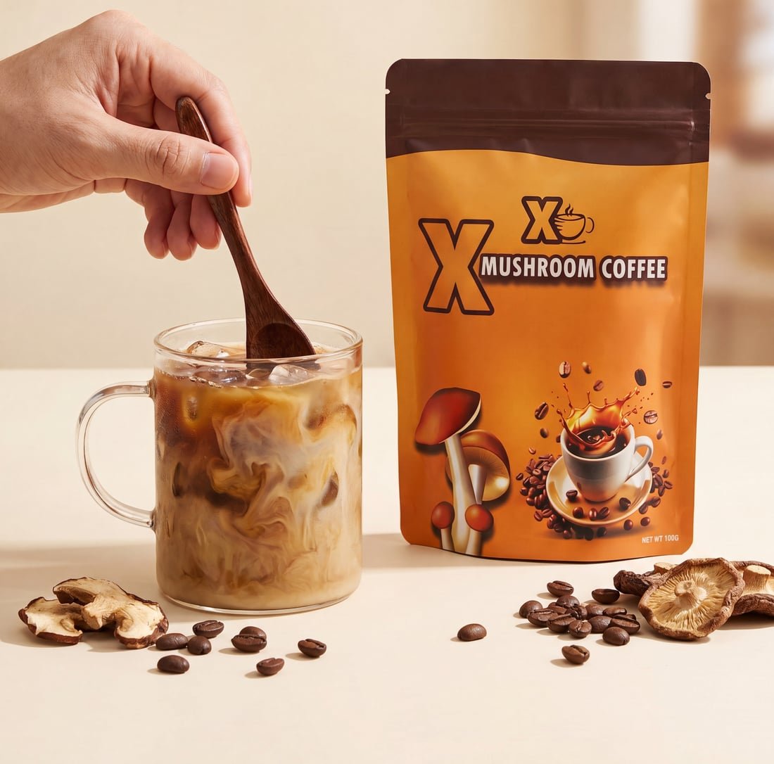 X Mushroom Coffee pouch beside an iced mushroom-coffee latte with dried mushrooms and coffee beans