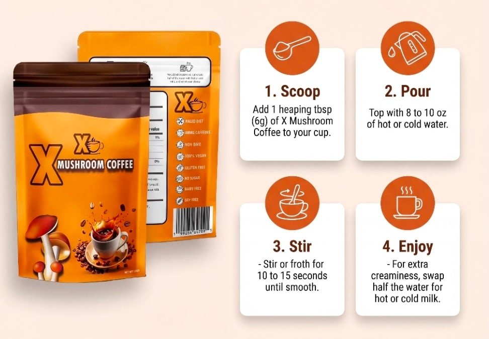 How to prepare X Mushroom Coffee in four steps: 1. Scoop — add 1 heaping tbsp (6g) to your cup. 2. Pour — top with 8 to 10 oz of hot or cold water. 3. Stir — stir or froth for 10 to 15 seconds until smooth. 4. Enjoy — for extra creaminess, swap half the water for hot or cold milk.